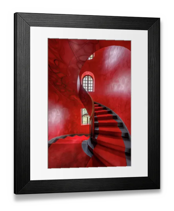Framed Print : Curved stairway with window and carpet. (AI Generated)