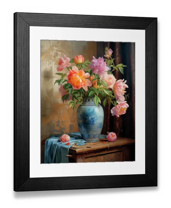 Framed Print : Peonies in porcelain vase. Painting-style. (AI Generated)