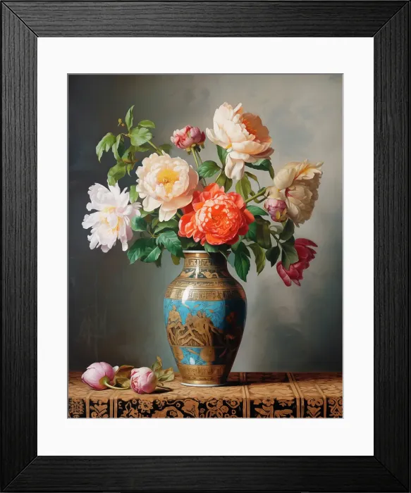 Framed Print : Peonies in porcelain vase. Painting-style. (AI Generated) Framed Print : Peonies in porcelain vase. Painting-style. (AI Generated)