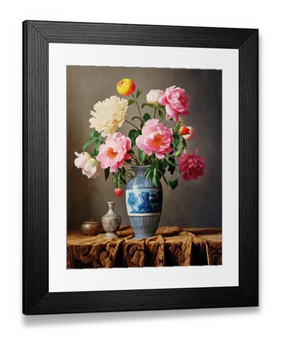 Framed Print : Peonies in porcelain vase. Painting-style. (AI Generated) Framed Print : Peonies in porcelain vase. Painting-style. (AI Generated)