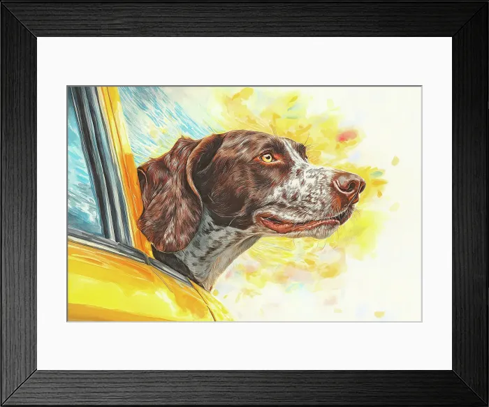 Framed Print : Dog riding with head out car window. (AI Generated)