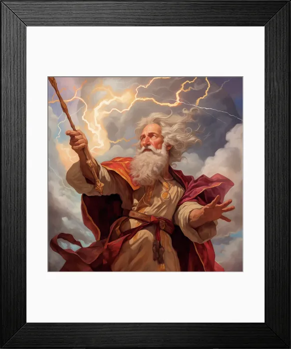 Framed Print : Powerful male wizard or god-like figure with wand. Painting-style. (AI Generated) Framed Print : Powerful male wizard or god-like figure with wand. Painting-style. (AI Generated)