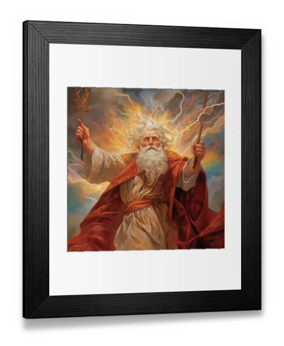 Framed Print : Powerful male wizard or god-like figure with wands. Painting-style. (AI Generated) Framed Print : Powerful male wizard or god-like figure with wands. Painting-style. (AI Generated)