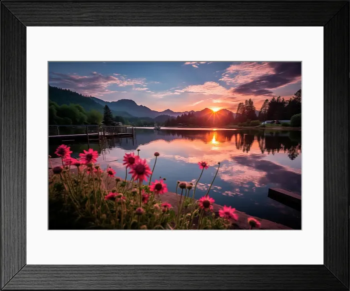 Framed Print : Tranquil mountain lake at sunrise or sunset. (AI Generated) Framed Print : Tranquil mountain lake at sunrise or sunset. (AI Generated)