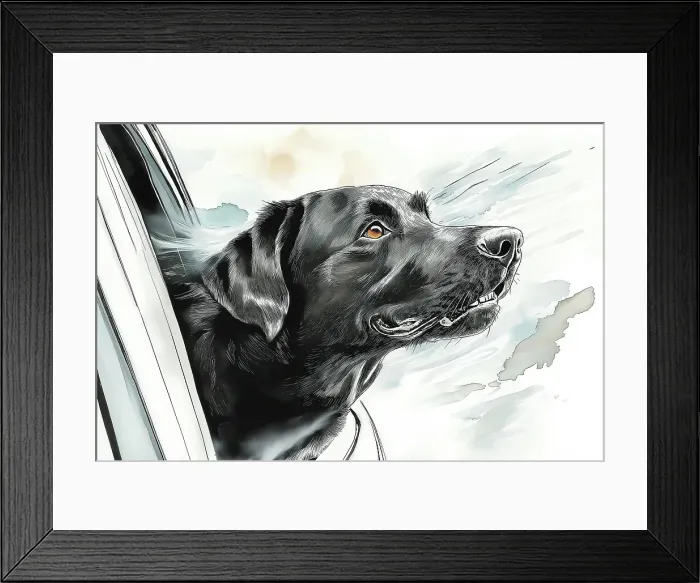 Framed Print : Black lab dog riding with head out car window. (AI Generated) Framed Print : Black lab dog riding with head out car window. (AI Generated)