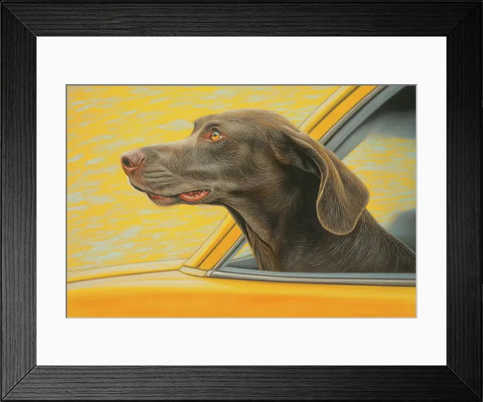 Framed Print : Dog riding with head out car window. (AI Generated)