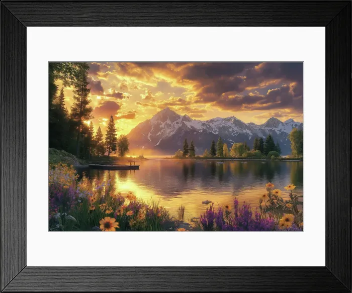Framed Print : Tranquil mountain lake in spring with flowers at sunrise or sunset. (AI Generated) Framed Print : Tranquil mountain lake in spring with flowers at sunrise or sunset. (AI Generated)