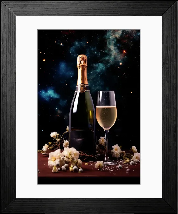 Framed Print : Sparkling wine glass and bottle. (AI Generated) Framed Print : Sparkling wine glass and bottle. (AI Generated)