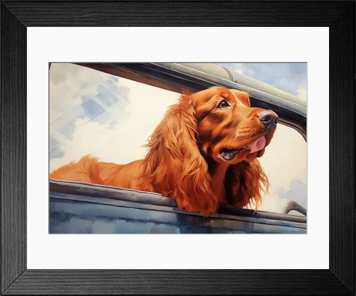 Framed Print : Happy Irish setter dog with head out car window. Illustration style. (AI Generated) Framed Print : Happy Irish setter dog with head out car window. Illustration style. (AI Generated)