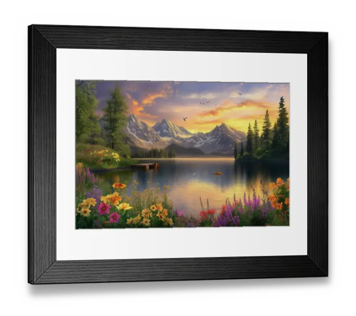 Framed Print : Tranquil mountain lake in spring with flowers at sunrise or sunset. (AI Generated) Framed Print : Tranquil mountain lake in spring with flowers at sunrise or sunset. (AI Generated)