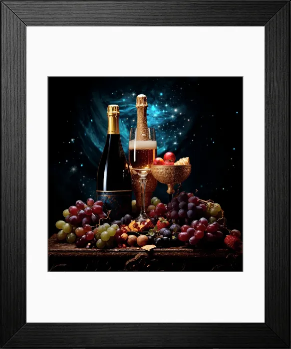 Framed Print : Sparkling wine glass and bottles with grapes. (AI Generated) Framed Print : Sparkling wine glass and bottles with grapes. (AI Generated)