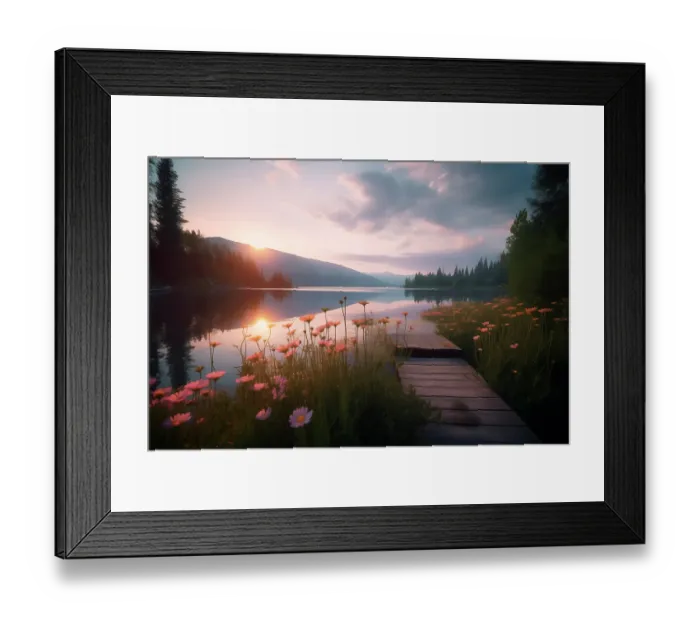 Framed Print : Tranquil mountain lake at sunrise or sunset. (AI Generated) Framed Print : Tranquil mountain lake at sunrise or sunset. (AI Generated)