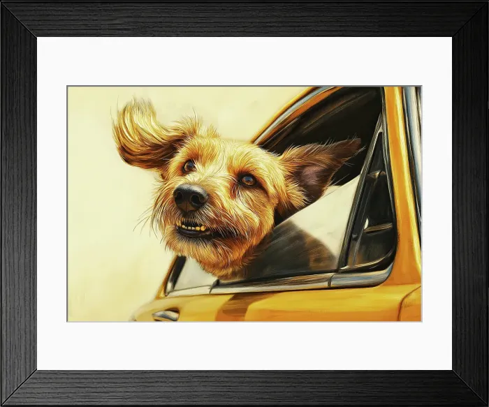 Framed Print : Happy dog riding with head out car window. (AI Generated) Framed Print : Happy dog riding with head out car window. (AI Generated)