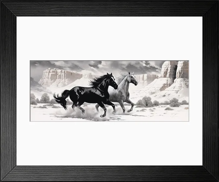 Framed Print : Two horses running. Illustration-style. (AI Generated) Framed Print : Two horses running. Illustration-style. (AI Generated)