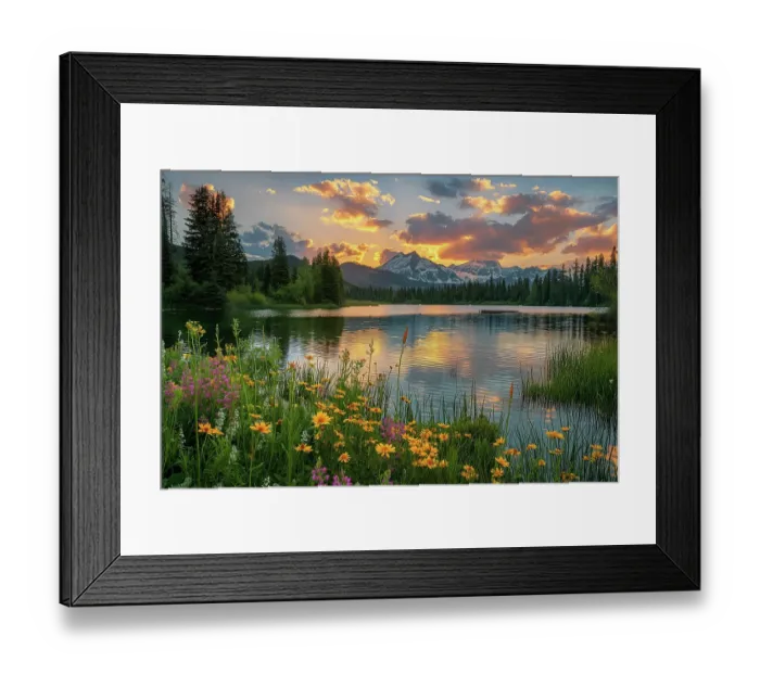Framed Print : Tranquil mountain lake in spring with flowers at sunrise or sunset. (AI Generated) Framed Print : Tranquil mountain lake in spring with flowers at sunrise or sunset. (AI Generated)