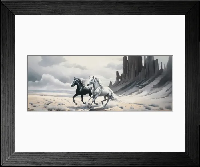 Framed Print : Two horses running. Illustration-style. (AI Generated) Framed Print : Two horses running. Illustration-style. (AI Generated)