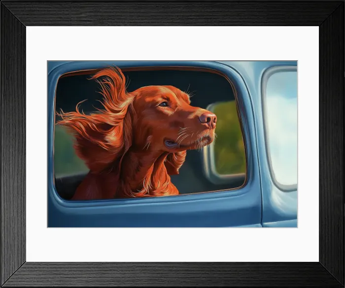 Framed Print : Irish setter dog with head out car window. Illustration style. (AI Generated) Framed Print : Irish setter dog with head out car window. Illustration style. (AI Generated)