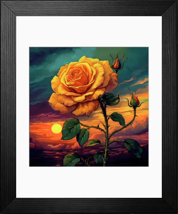Framed Print : Yellow rose against sunrise. Painting-style. (AI Generated) Framed Print : Yellow rose against sunrise. Painting-style. (AI Generated)