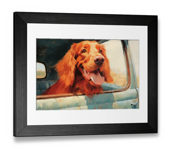 Framed Print : Happy Irish setter dog with head out car window. Illustration style. (AI Generated) Framed Print : Happy Irish setter dog with head out car window. Illustration style. (AI Generated)