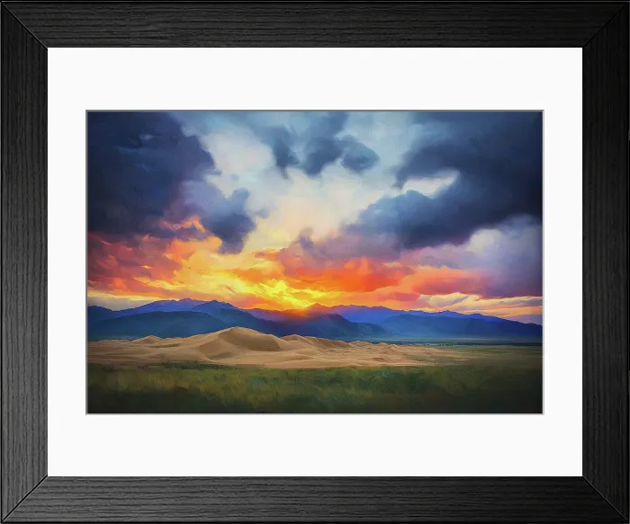 Framed Print : Great Sand Dunes with dramatic sunset. Painting style. (AI Generated) Framed Print : Great Sand Dunes with dramatic sunset. Painting style. (AI Generated)