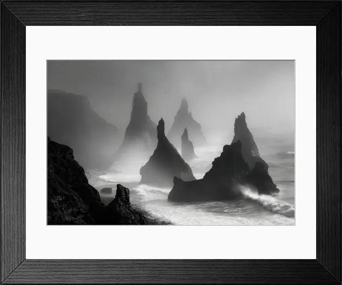 Framed Print : Sea stacks and ocean shore mist. (AI Generated)