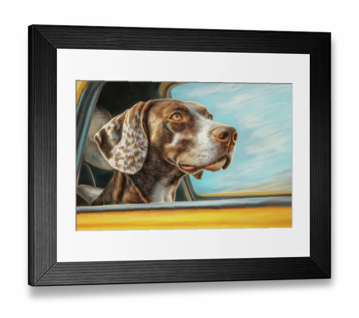 Framed Print : Dog riding with head out car window. (AI Generated)