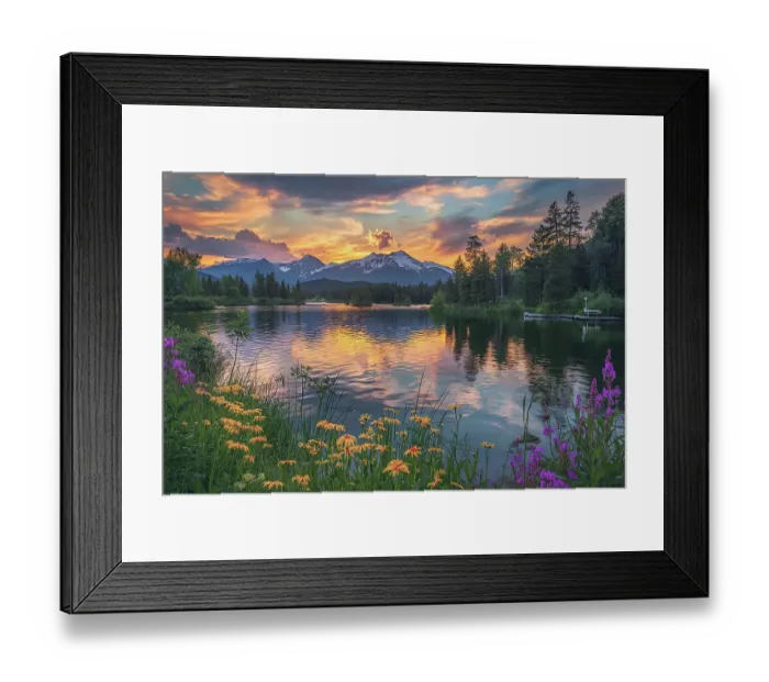 Framed Print : Tranquil mountain lake in spring with flowers at sunrise or sunset. (AI Generated) Framed Print : Tranquil mountain lake in spring with flowers at sunrise or sunset. (AI Generated)