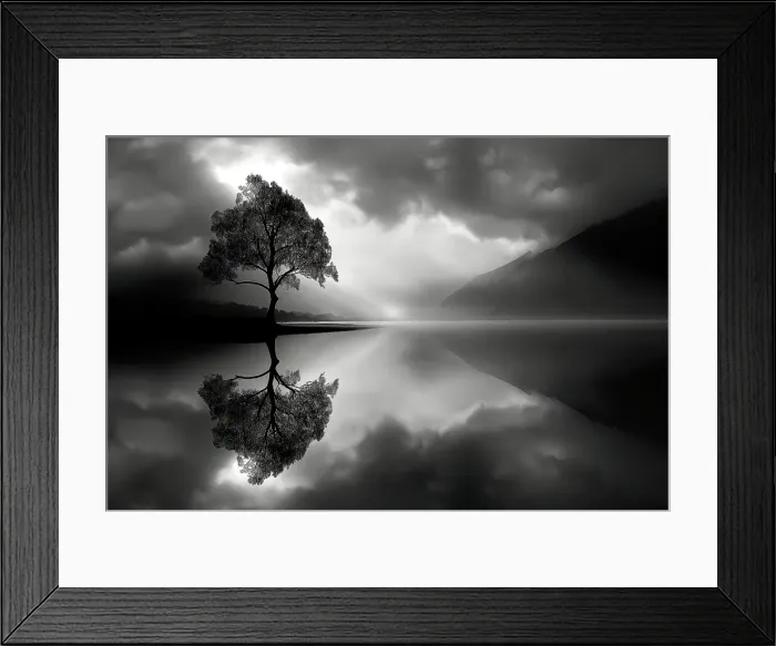 Framed Print : Tree reflection in lake. (AI Generated) Framed Print : Tree reflection in lake. (AI Generated)