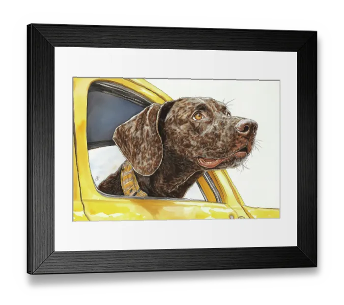 Framed Print : Brown dog riding with head out car window. (AI Generated) Framed Print : Brown dog riding with head out car window. (AI Generated)