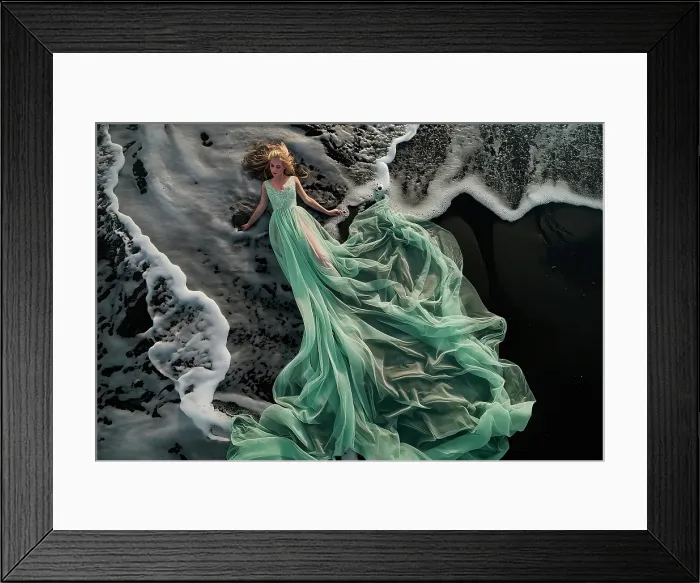 Framed Print : Young woman on beach with flowing dress. (AI Generated) Framed Print : Young woman on beach with flowing dress. (AI Generated)