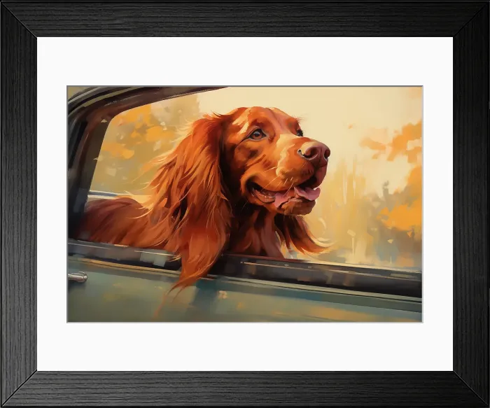 Framed Print : Happy Irish setter dog with head out car window. Illustration style. (AI Generated) Framed Print : Happy Irish setter dog with head out car window. Illustration style. (AI Generated)