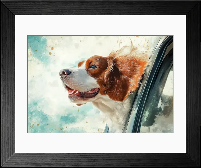 Framed Print : Happy dog riding with head out car window. (AI Generated) Framed Print : Happy dog riding with head out car window. (AI Generated)