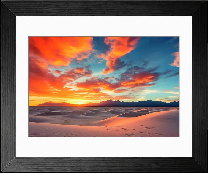 Framed Print : Sandy desert at sunset or sunrise with footprints. (AI Generated) Framed Print : Sandy desert at sunset or sunrise with footprints. (AI Generated)