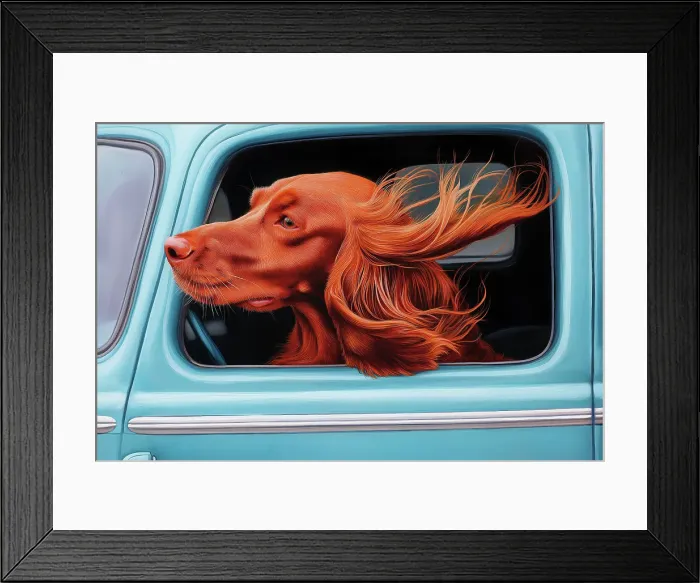 Framed Print : Happy Irish setter dog with head out car window. Illustration style. (AI Generated) Framed Print : Happy Irish setter dog with head out car window. Illustration style. (AI Generated)