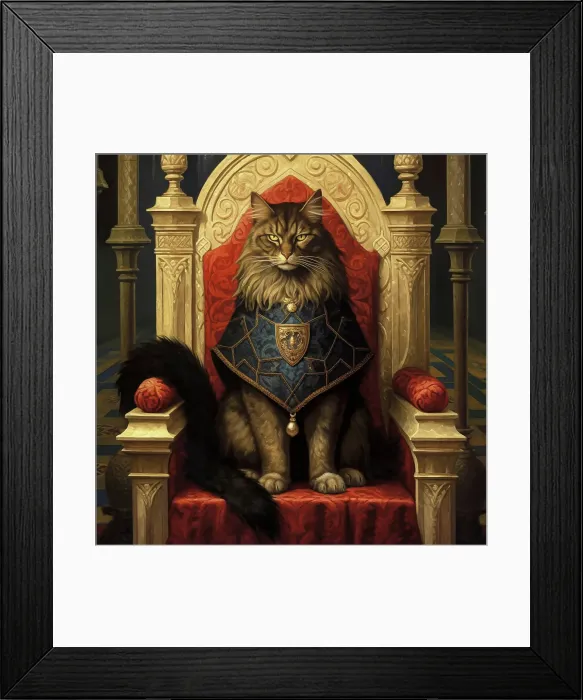 Framed Print : A proud long-haired cat sitting on a throne. Painting style. (AI Generated) Framed Print : A proud long-haired cat sitting on a throne. Painting style. (AI Generated)