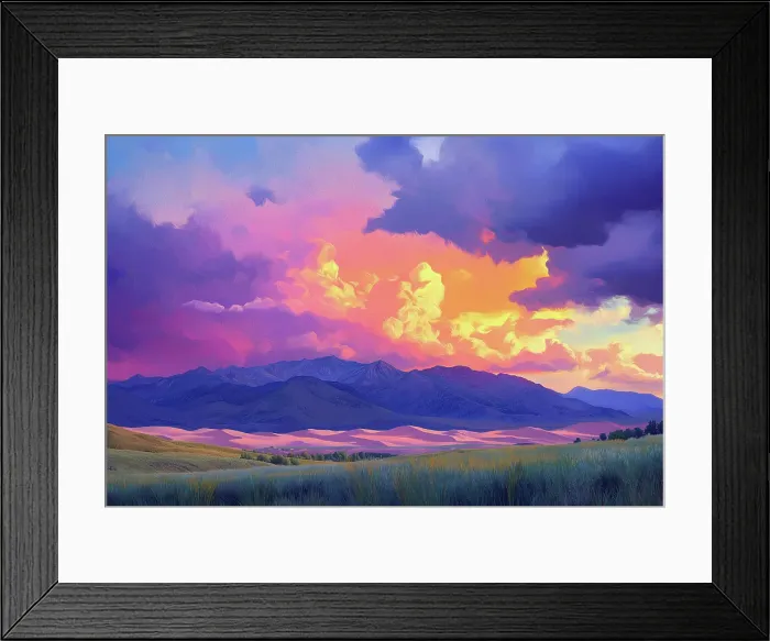 Framed Print : Great Sand Dunes with dramatic sunset. Painting style. (AI Generated) Framed Print : Great Sand Dunes with dramatic sunset. Painting style. (AI Generated)