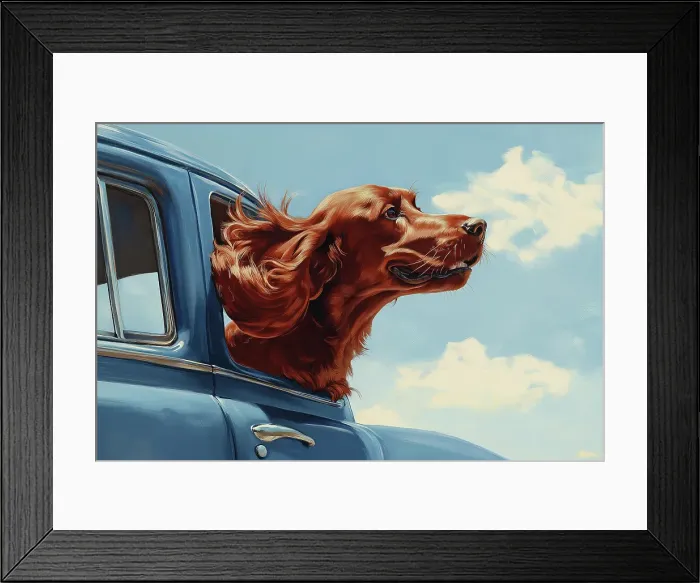 Framed Print : Happy Irish setter dog with head out car window. Painting style. (AI Generated) Framed Print : Happy Irish setter dog with head out car window. Painting style. (AI Generated)