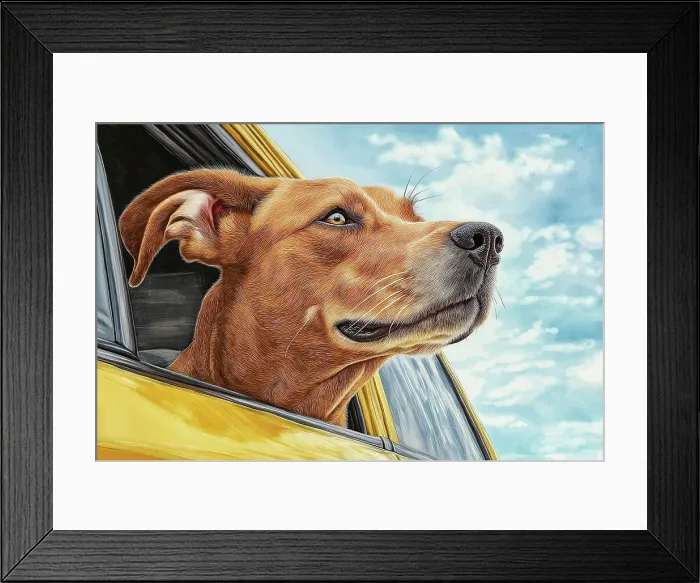 Framed Print : Happy dog riding with head out car window. (AI Generated) Framed Print : Happy dog riding with head out car window. (AI Generated)
