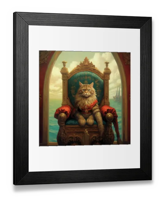 Framed Print : A proud long-haired cat sitting on a throne. Painting style. (AI Generated) Framed Print : A proud long-haired cat sitting on a throne. Painting style. (AI Generated)