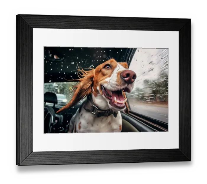 Framed Print : Happy dog riding in a car in the rain. (AI Generated) Framed Print : Happy dog riding in a car in the rain. (AI Generated)