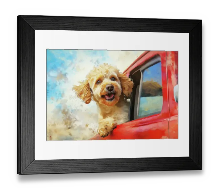 Framed Print : Happy small dog riding with head out car window. (AI Generated)
