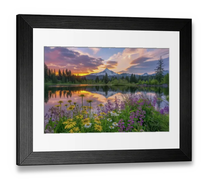 Framed Print : Tranquil mountain lake in spring with flowers at sunrise or sunset. (AI Generated) Framed Print : Tranquil mountain lake in spring with flowers at sunrise or sunset. (AI Generated)