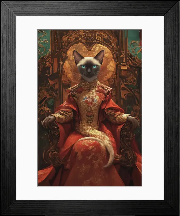 Framed Print : Siamese Cat on Throne. Painting style. (AI Generated)