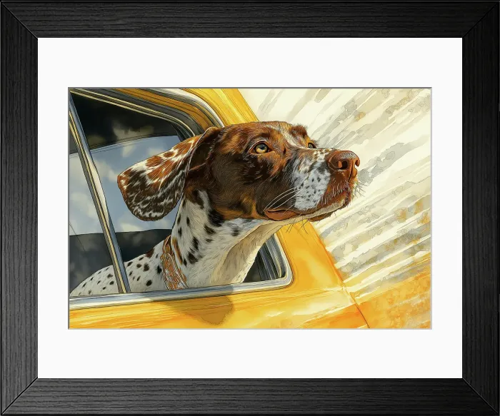 Framed Print : Dog riding with head out car window. (AI Generated)