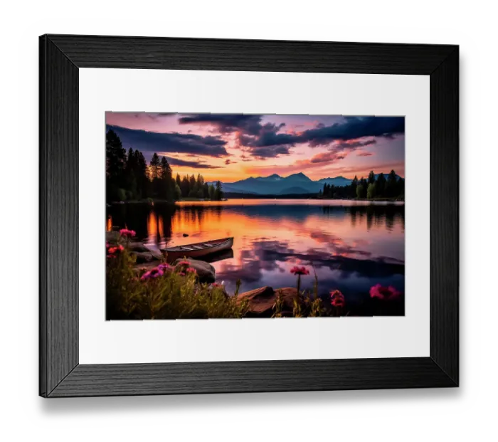 Framed Print : Tranquil mountain lake at sunrise or sunset. (AI Generated)