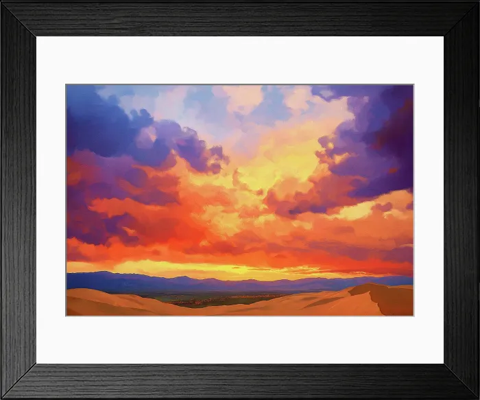 Framed Print : Great Sand Dunes with dramatic sunset. Painting style. (AI Generated) Framed Print : Great Sand Dunes with dramatic sunset. Painting style. (AI Generated)