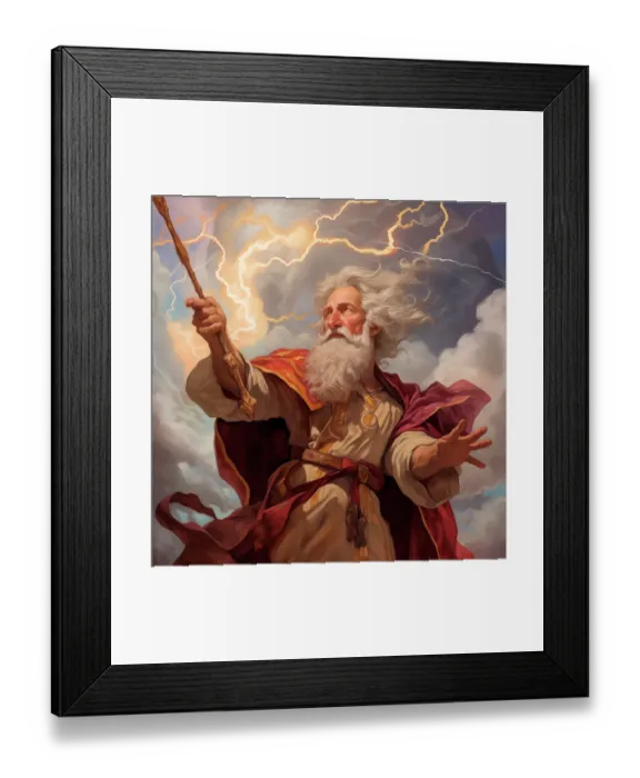 Framed Print : Wizard with wand and lightning graphic. (AI Generated)