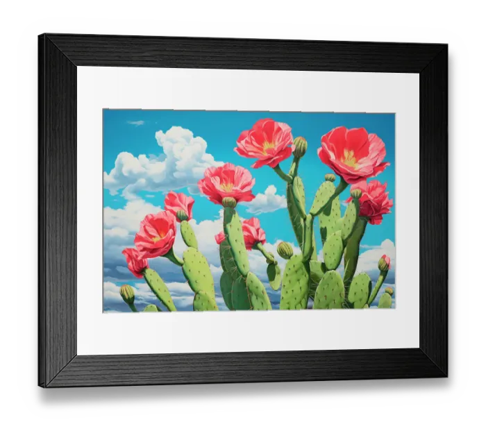 Framed Print : Close-up of desert cactus with red flowers. (AI Generated) Framed Print : Close-up of desert cactus with red flowers. (AI Generated)