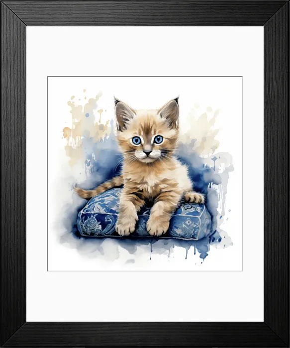 Framed Print : Kitten with blue eyes on cushion. (AI Generated) Framed Print : Kitten with blue eyes on cushion. (AI Generated)