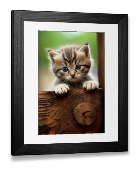 Framed Print : Kitten looking over wood panel. (AI Generated) Framed Print : Kitten looking over wood panel. (AI Generated)